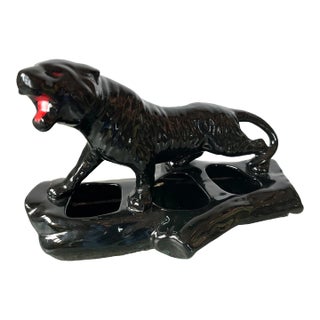 Vintage Ceramic Black Panther on Log Planter For Sale