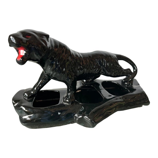 Vintage Ceramic Black Panther on Log Planter For Sale