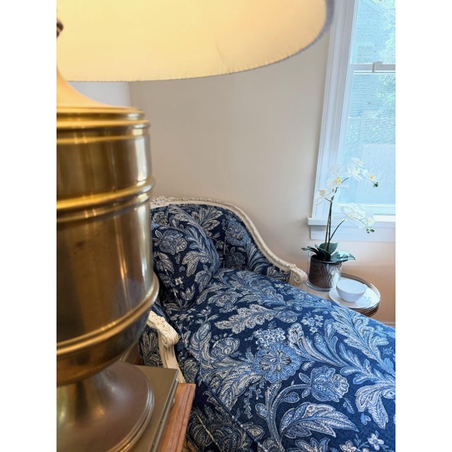 Custom Painted Chaise Lounge Chair Upholstered in Blue and Cream Ralph Lauren For Sale - Image 10 of 18