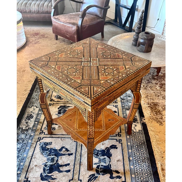 Vintage Marquetry Wood Inlay With Mother of Pearl Folding Game Table For Sale - Image 16 of 18