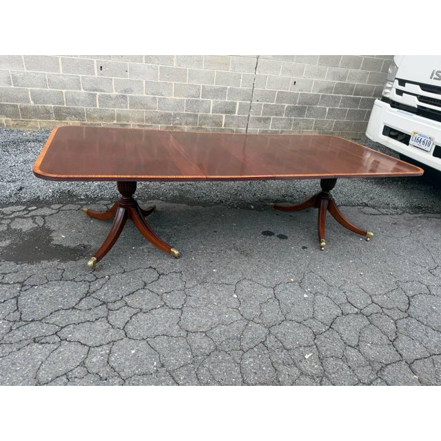 Vintage Regency Style Cross Banded Mahogany Double Pedestal Extension Dining Table With 2 Leaves by Biggs Furnture Well...