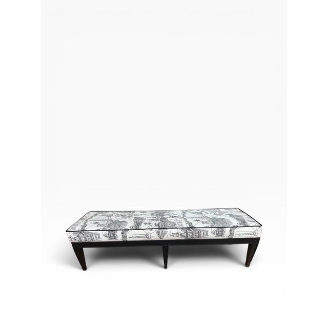 Wood Antique-Style Bench With Schumacher Views of Paris Upholstery For Sale - Image 7 of 14