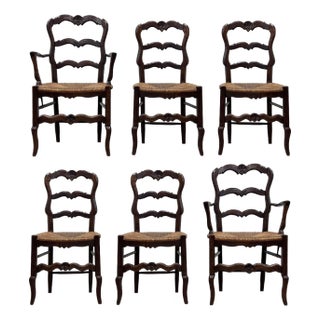 Antique Carved Wood French Country Rush Seat Dining Chairs, S/6 For Sale