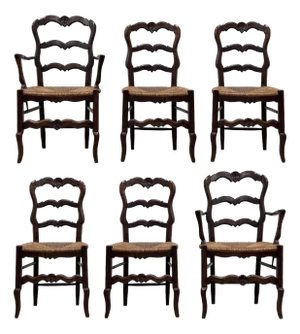 Antique Carved Wood French Country Rush Seat Dining Chairs, S/6