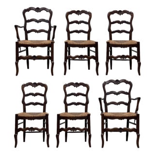 Antique Carved Wood French Country Rush Seat Dining Chairs, Set of 6 For Sale
