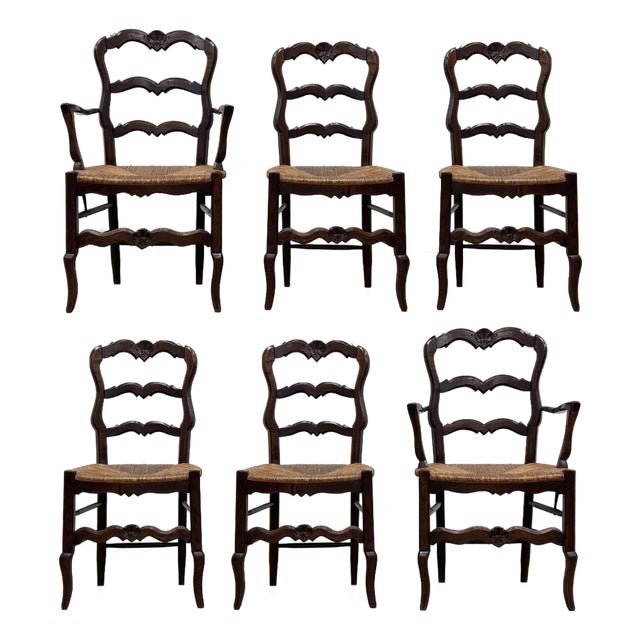Antique Carved Wood French Country Rush Seat Dining Chairs, Set of 6 For Sale