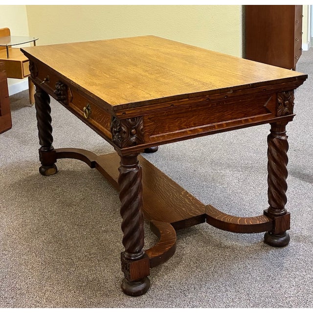 1900 - 1909 Solid Oak Library Table With Drawers C 1900 For Sale - Image 5 of 10