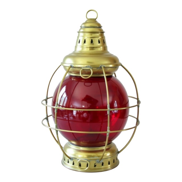 Antique Perkins Brass Onion Lantern 20" Ruby Red Glass Nautical Ship Oil Lamp For Sale