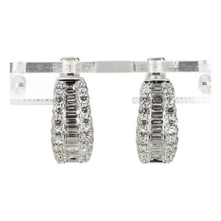 14k White Gold "Huggies" Earrings With Baguettes & Round Diamonds, A Pair For Sale