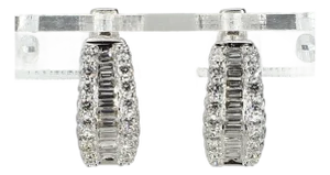 14k White Gold "Huggies" Earrings With Baguettes & Round Diamonds, A Pair