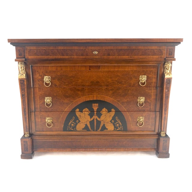 Bronze Mounts & Pulls Burl Wood Inlay Neoclassical 4 Drawers 48" Dresser MINT! For Sale - Image 11 of 14