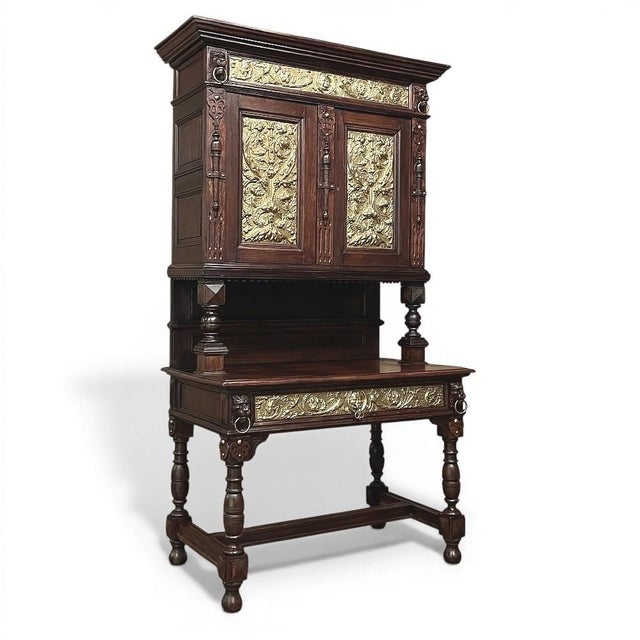 19th Century Flemish Renaissance Revival Secretary Bookcase in Solid Oak With Embossed Brass Panels For Sale - Image 4 of 13