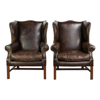 Large English Dark Cognac-colored Cowhide Leather Wing Armchairs, Set of 2 For Sale