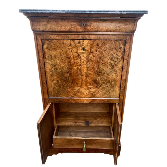 Louis Philippe Secretary Desk in Burr Walnut with Marble Top, 1890s For Sale - Image 4 of 10
