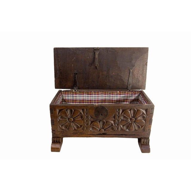 Antique French Rustic Chest in Carved Oak and Wrought Iron, 1900 For Sale - Image 10 of 11