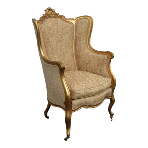 Vintage French Provinial Louis XVI Style Gold Tall Wingback Bergere Accent Chair