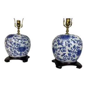 Vintage Ceramic Blue and White Ginger Jar Lamps Made in Hong Kong