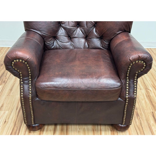 Vintage Oversized Tufted Leather Writers Chair With Ottoman For Sale - Image 9 of 18
