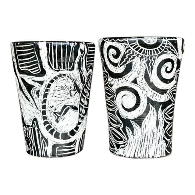 Vintage Boho Hand Painted Studio Pottery Figurative Vases - Set of 2 For Sale