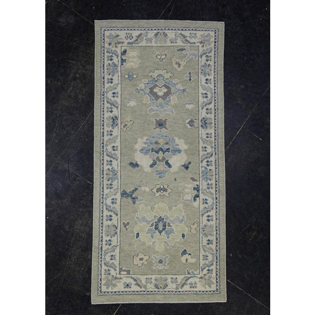 Early 21st Century Turkish Oushak Rug Gray, Blue & Olive Green Handwoven Wool Rug 3' X 6'3" For Sale - Image 5 of 10