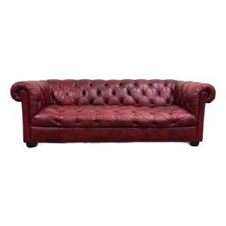 Vintage Ethan Allen Tufted Oxblood Red Leather Chesterfield Sofa For Sale