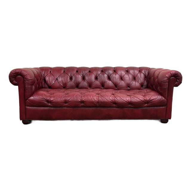 Vintage Ethan Allen Tufted Oxblood Red Leather Chesterfield Sofa For Sale