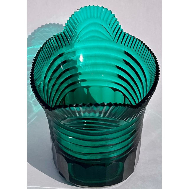 Striking French Art Deco centerpiece in saturated teal green cut glass with bold architectural geometry and sculptural...