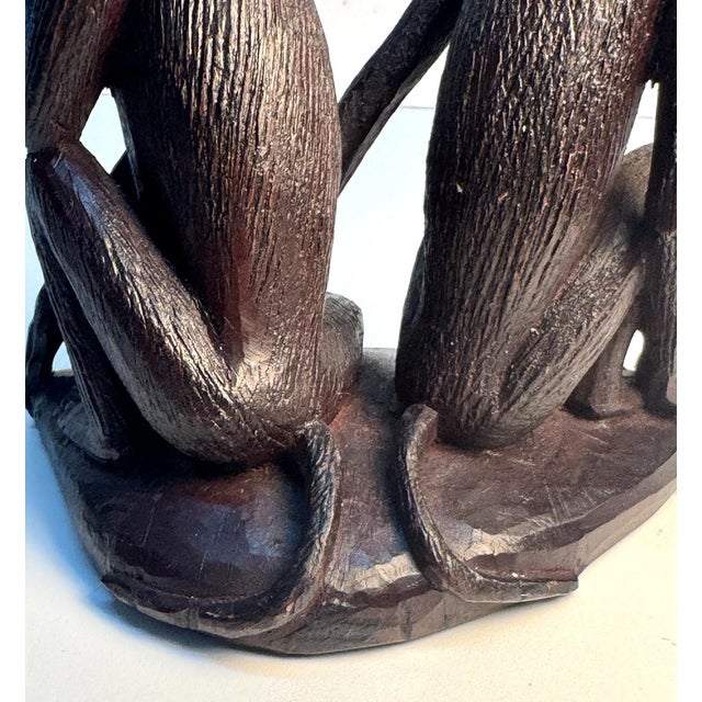 Brown Vintage African Folk Art 2 Hand Carved Wooden Monkeys Figurine For Sale - Image 8 of 10