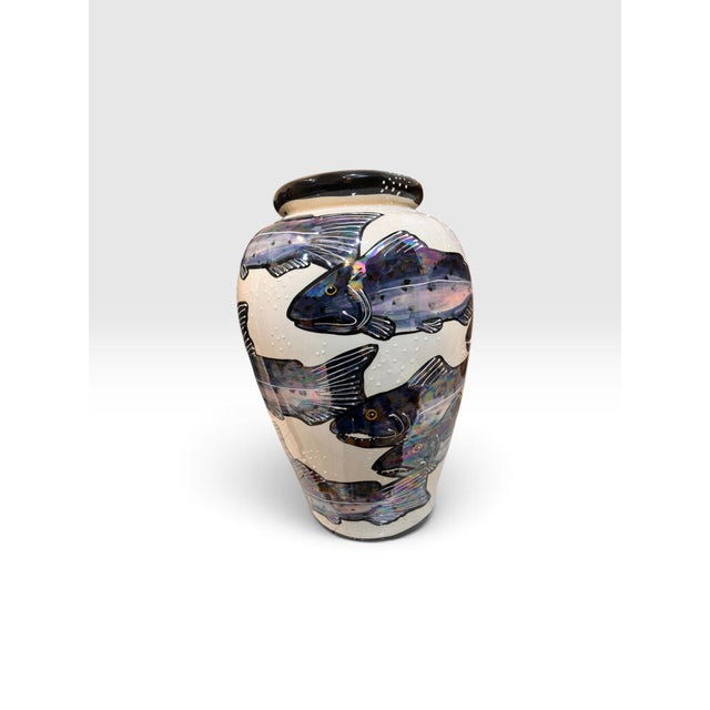 Beth Allison Gripenstraw “Salmon” Hand-Painted Ceramic Urn Vase, Santa Cruz, 1997 For Sale - Image 11 of 11