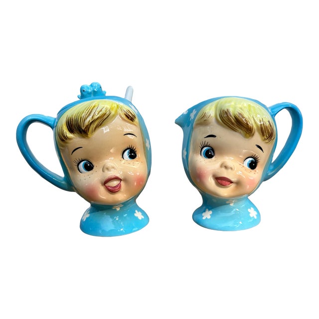 Mid 20th Century Napco “Miss Cutie Pie” Sugar Bowl and Creamer Set For Sale