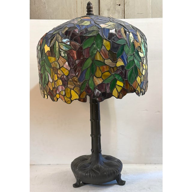 Art Nouveau Vintage Tiffany Style Lamp With Foliage Design For Sale - Image 3 of 15