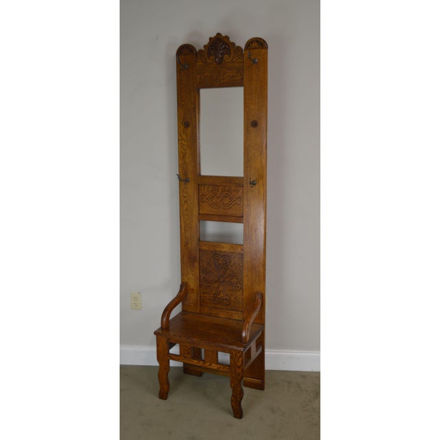 Antique Victorian Oak Narrow Hall Tree Seat With Mirror Chairish