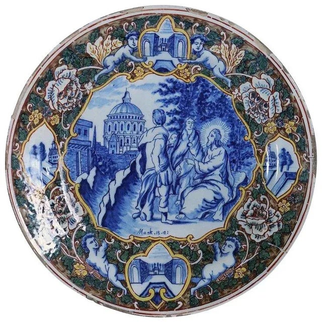 Large Dutch Delft Tin Glazed Pottery Polychrome Religious Scene Plate For Sale - Image 11 of 11