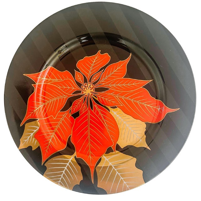 Beautiful set of eight vintage fine porcelain salad plates by Fitz and Floyd in the Poinsettia Noire pattern featuring an...