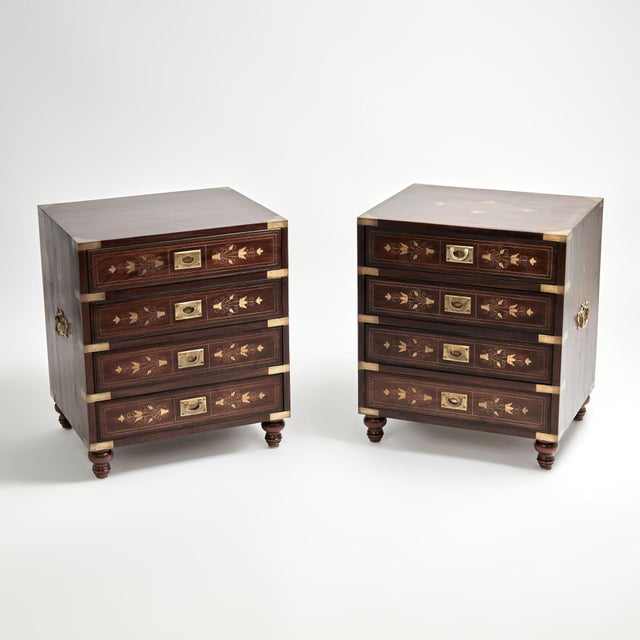 Impressive pair of mid century Anglo Indian four drawer stands crafted in rosewood, one with felt lined divided drawers,...