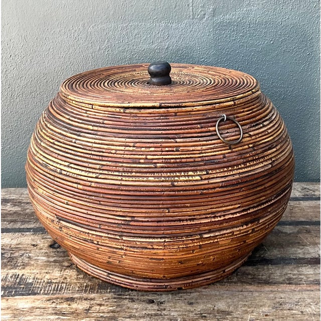 Brown Vintage Pencil Reed Lidded Basket For Sale - Image 8 of 12