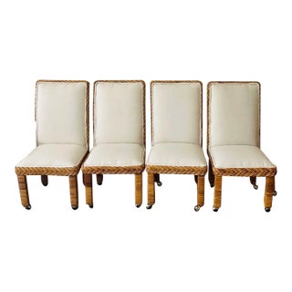 1960s Bamboo Rattan Linen Dining Chairs- Set of 4 For Sale