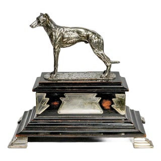 Rare 1920s English Art Deco Ebonized Wood Silverplate Greyhound Statue Sculpture Cigar Box Home Decor For Sale