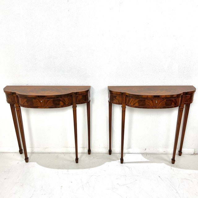1990s Pair of Custom Federal Style Demi-Lune Console Tables For Sale - Image 10 of 14