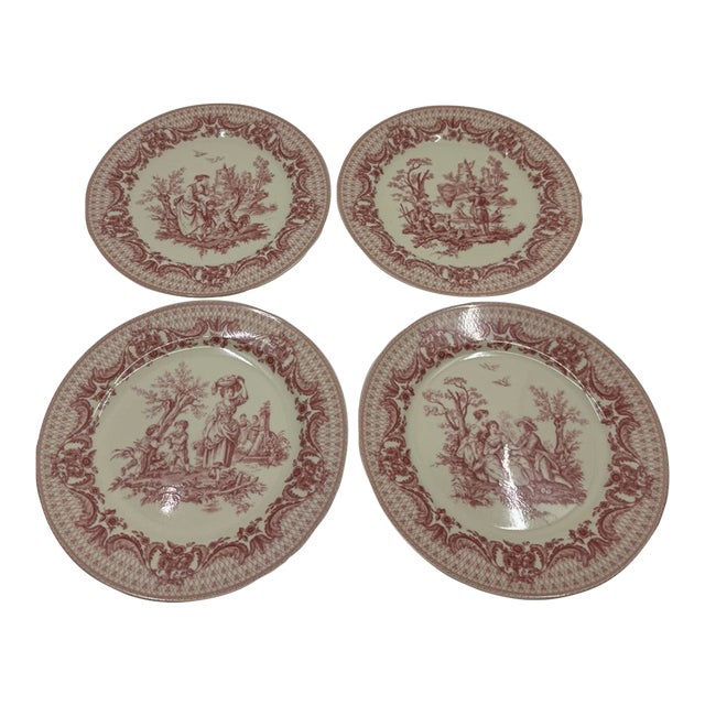 Vintage I. Godinger & Co. Precious Scenes Transferware Pink and White Plates -Set of 4 For Sale