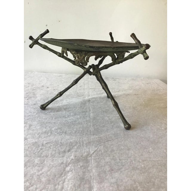 Rustic 1920s Copper Stamped Dish Or Disc With Patina On Copper Faux Bamboo Stand For Sale - Image 3 of 10