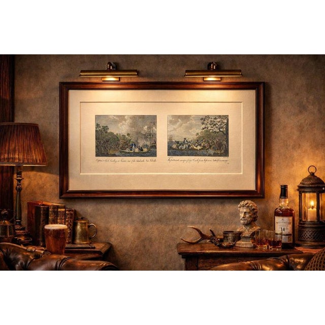 This striking pair of late 18th-century copperplate engravings illustrates two dramatic episodes from the voyages of the...