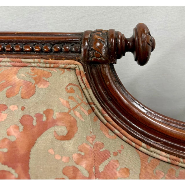 Antique Carved Mahogany Scroll Arm Sofa in Fortuny Upholstery For Sale - Image 10 of 11