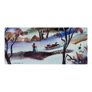 Small Vintage 1941 Winter Toboggan Snow Scene Painting For Sale