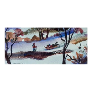Small Vintage 1941 Winter Toboggan Snow Scene Painting