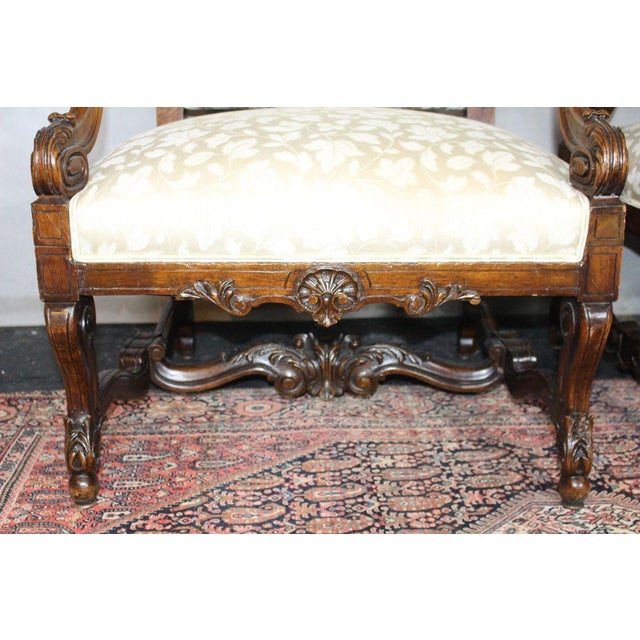 Antique French Louis XIV Style Carved Walnut Ivory White Arm Chairs - Set of 2 For Sale In Miami - Image 6 of 18