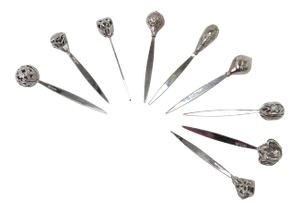 Set of 9 Vintage Mid Century Rhodium Plated Sterling Silver Cocktail - Hors d'Oeuvre - Cocktail Picks.