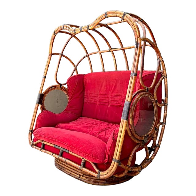 Vintage Boho Rattan Swivel Lounge Hooded Loveseat For Sale