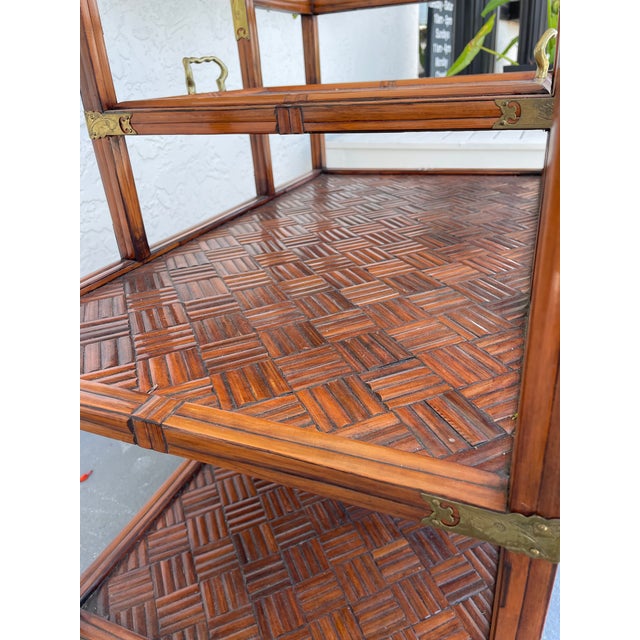 Wood Vintage Korean Campaign Style Bar Cart With Brass Mounts & Parquet Shelves Georgian Furnishing Co. For Sale - Image 7 of 10