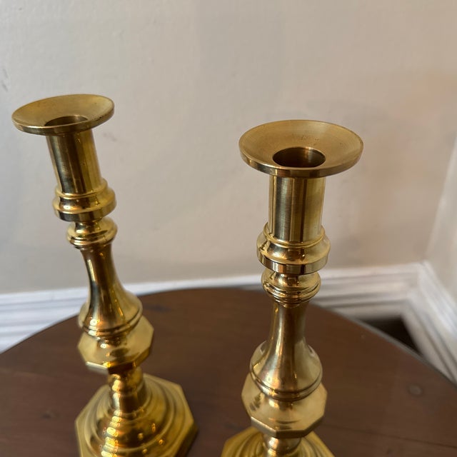 1970s Vintage Solid Brass Candlestick Holders, Classic Hexagonal Bases- a Pair For Sale - Image 5 of 9